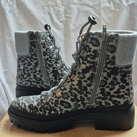 Lucky Brand Eavan Gray Leopard Suede Combat Boots - Picture 3 of 7